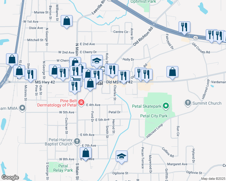 map of restaurants, bars, coffee shops, grocery stores, and more near 109 Charles Street in Petal
