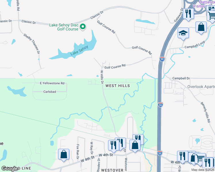 map of restaurants, bars, coffee shops, grocery stores, and more near 95b Lexington Drive in Hattiesburg