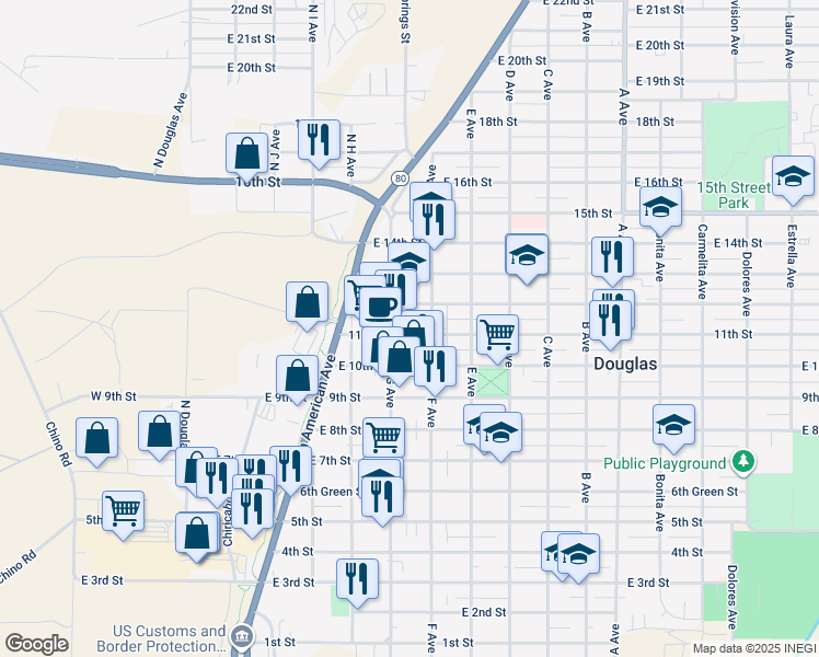 map of restaurants, bars, coffee shops, grocery stores, and more near 1119 G Avenue in Douglas