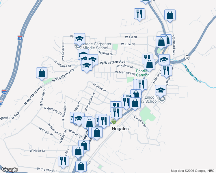 map of restaurants, bars, coffee shops, grocery stores, and more near 231 West Sage Street in Nogales