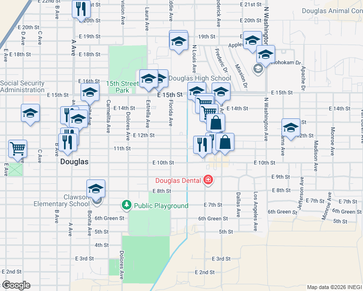 map of restaurants, bars, coffee shops, grocery stores, and more near 1624 11th Street in Douglas