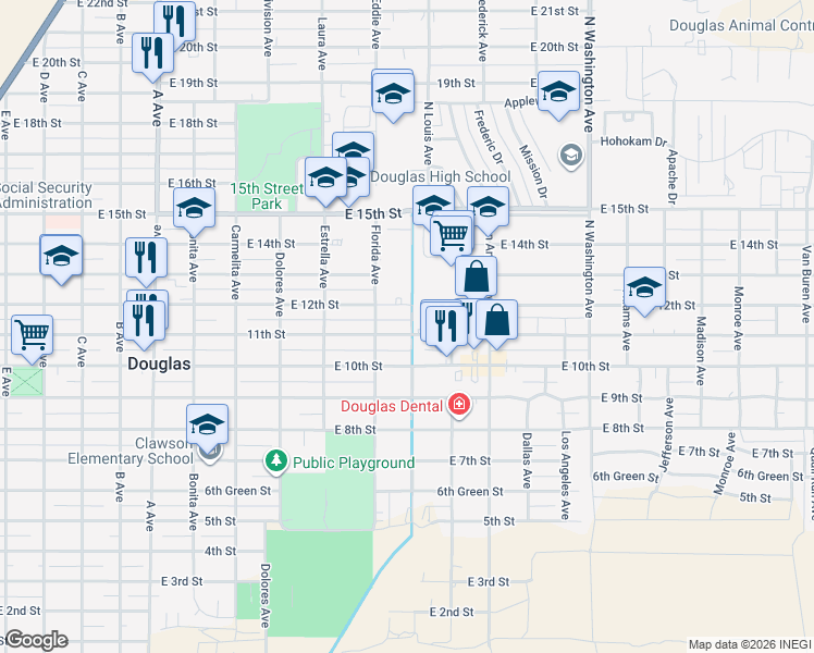 map of restaurants, bars, coffee shops, grocery stores, and more near 1624 11th Street in Douglas