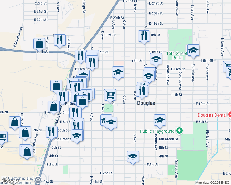 map of restaurants, bars, coffee shops, grocery stores, and more near 808 11th Street in Douglas