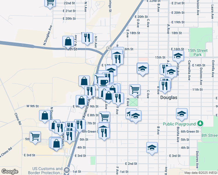 map of restaurants, bars, coffee shops, grocery stores, and more near 1119 G Avenue in Douglas