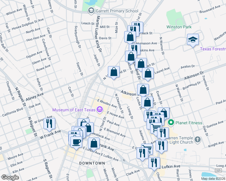 map of restaurants, bars, coffee shops, grocery stores, and more near 901-999 N Chestnut St in Lufkin