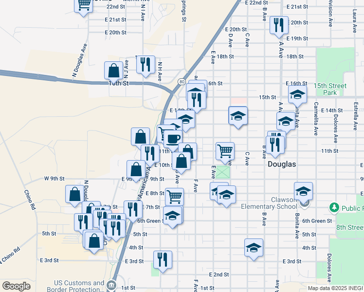 map of restaurants, bars, coffee shops, grocery stores, and more near 1119 G Avenue in Douglas