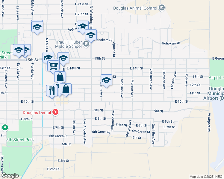 map of restaurants, bars, coffee shops, grocery stores, and more near 2200 11th Street in Douglas