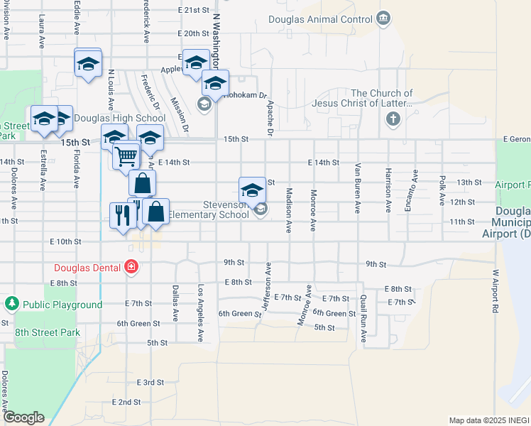 map of restaurants, bars, coffee shops, grocery stores, and more near 2200 11th Street in Douglas