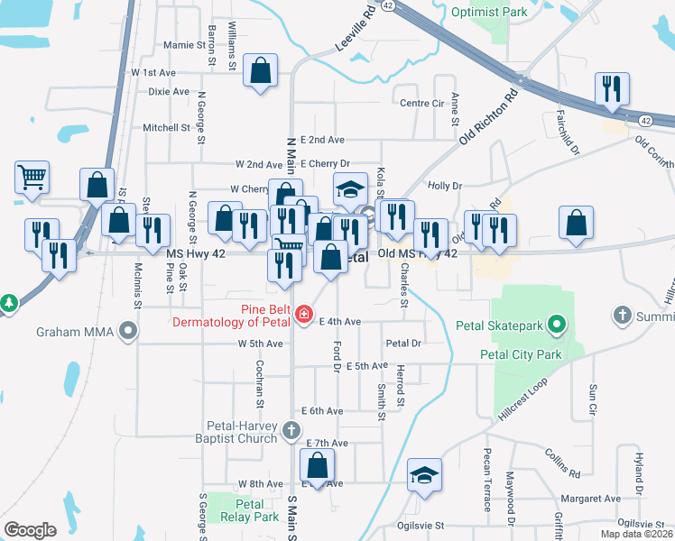 map of restaurants, bars, coffee shops, grocery stores, and more near 103 Morris Street in Petal