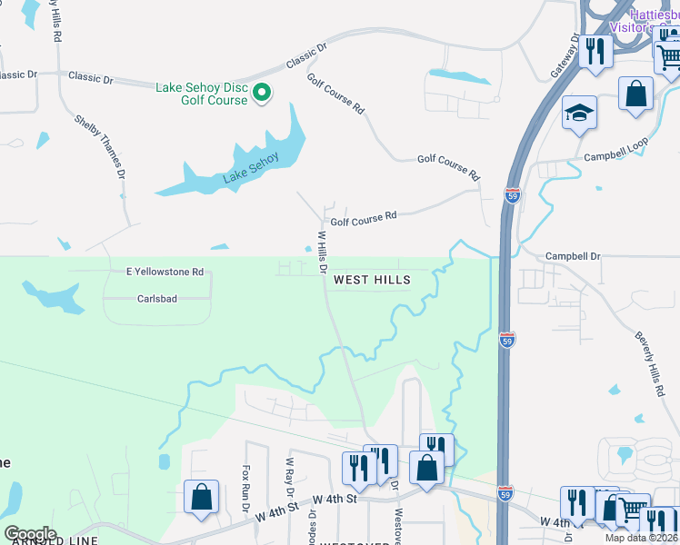 map of restaurants, bars, coffee shops, grocery stores, and more near 97 Lexington Drive in Hattiesburg