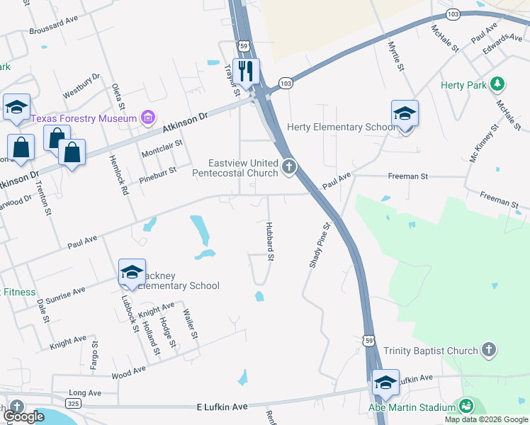 map of restaurants, bars, coffee shops, grocery stores, and more near 118 Hubbard Street in Lufkin