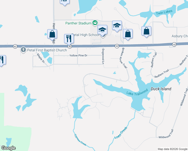 map of restaurants, bars, coffee shops, grocery stores, and more near 161 Broken Arrow Trail in Petal