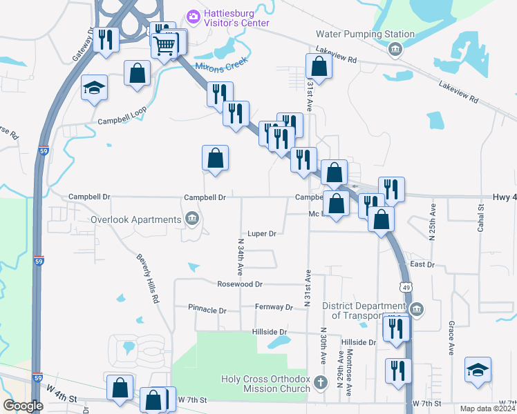 map of restaurants, bars, coffee shops, grocery stores, and more near 3304 Campbell Drive in Hattiesburg