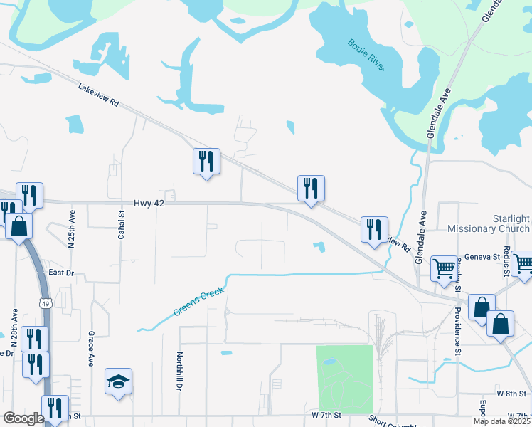 map of restaurants, bars, coffee shops, grocery stores, and more near 118 Mixon Street in Hattiesburg