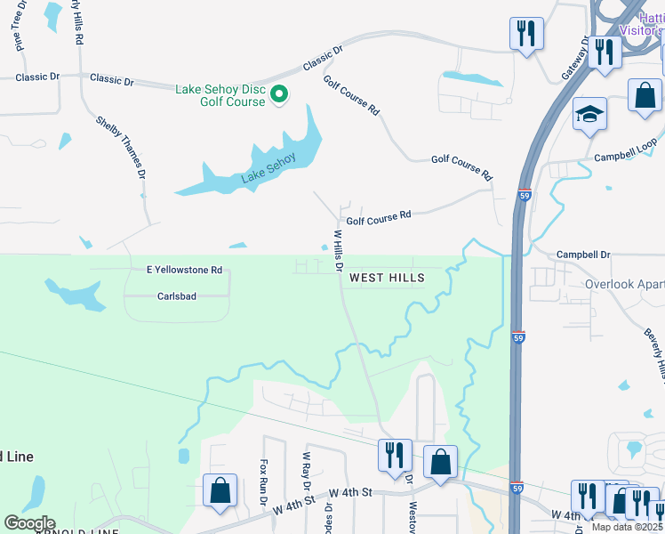 map of restaurants, bars, coffee shops, grocery stores, and more near 271 West Hills Drive in Hattiesburg