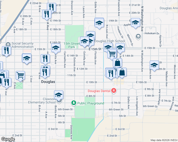 map of restaurants, bars, coffee shops, grocery stores, and more near 1556 11th Street in Douglas