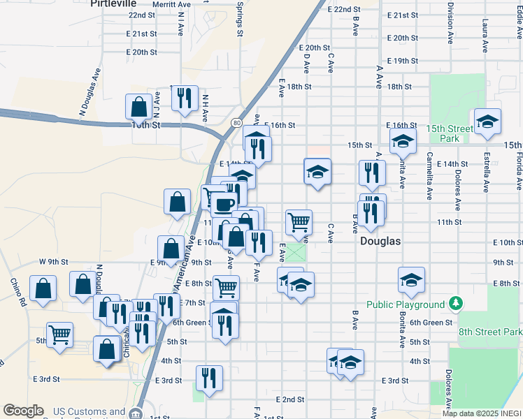 map of restaurants, bars, coffee shops, grocery stores, and more near 1119 F Avenue in Douglas