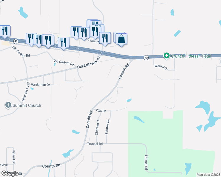 map of restaurants, bars, coffee shops, grocery stores, and more near 388-440 Corinth Road in Petal