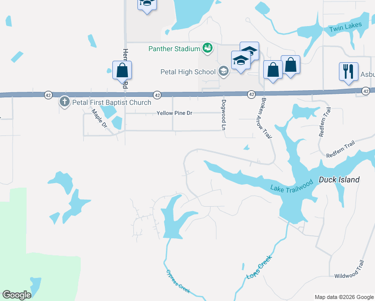 map of restaurants, bars, coffee shops, grocery stores, and more near 506 Maple Drive in Petal
