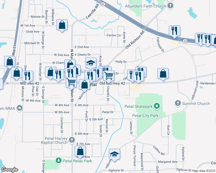 map of restaurants, bars, coffee shops, grocery stores, and more near 101 Old Corinth Road in Petal