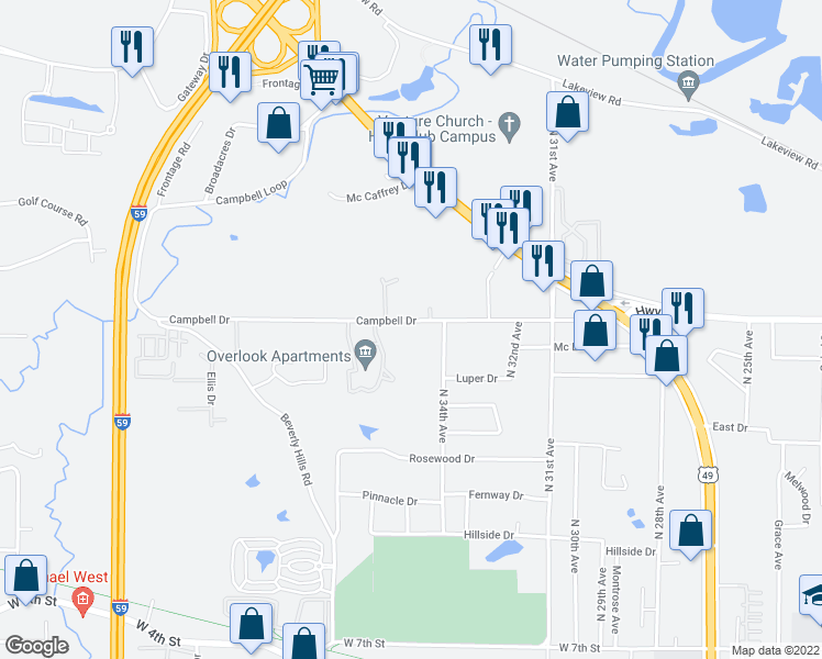 map of restaurants, bars, coffee shops, grocery stores, and more near 3408 Campbell Dr in Hattiesburg