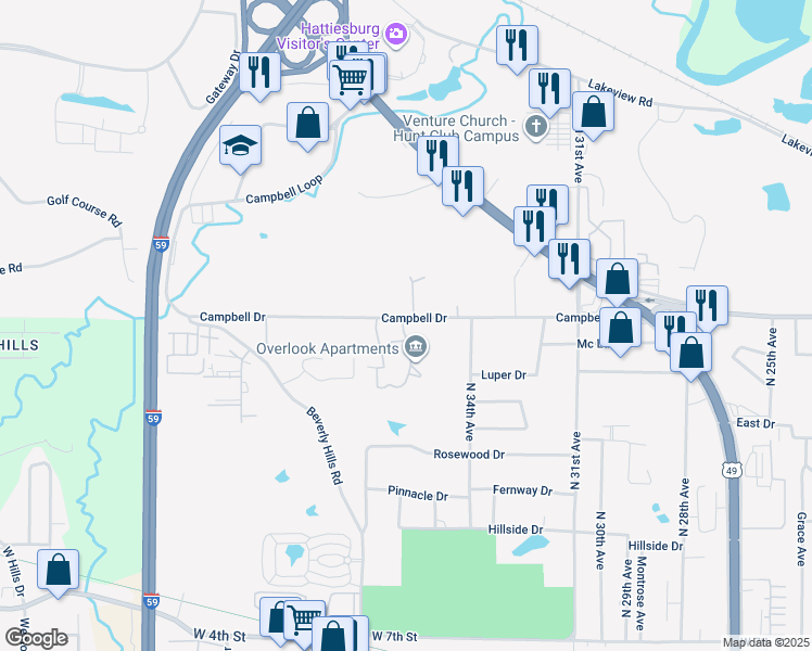map of restaurants, bars, coffee shops, grocery stores, and more near 3600 Campbell Drive in Hattiesburg