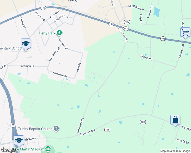 map of restaurants, bars, coffee shops, grocery stores, and more near 53 Watkins Drive in Lufkin