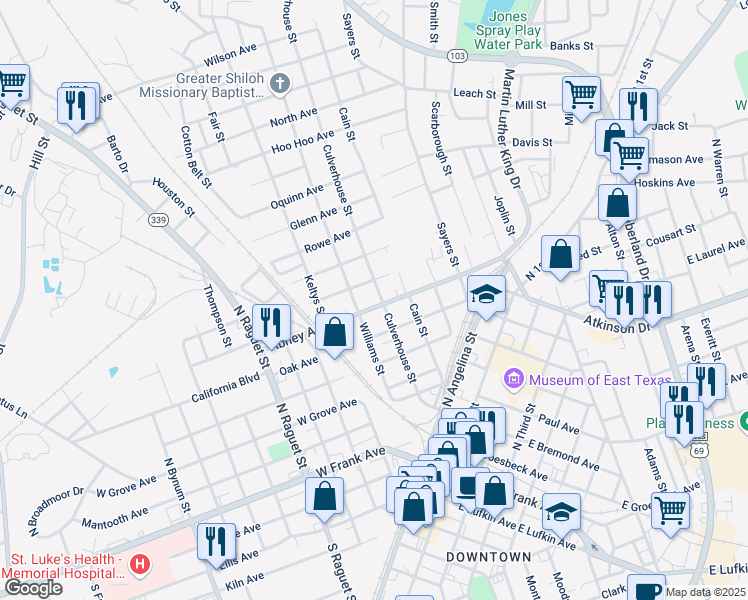 map of restaurants, bars, coffee shops, grocery stores, and more near 709 James Avenue in Lufkin