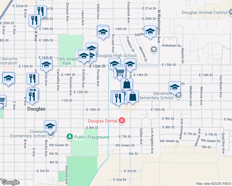 map of restaurants, bars, coffee shops, grocery stores, and more near 1700-1798 East 12th Street in Douglas