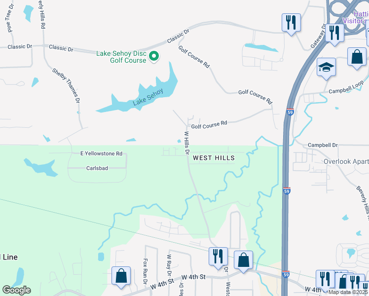 map of restaurants, bars, coffee shops, grocery stores, and more near 275 West Hills Drive in Hattiesburg