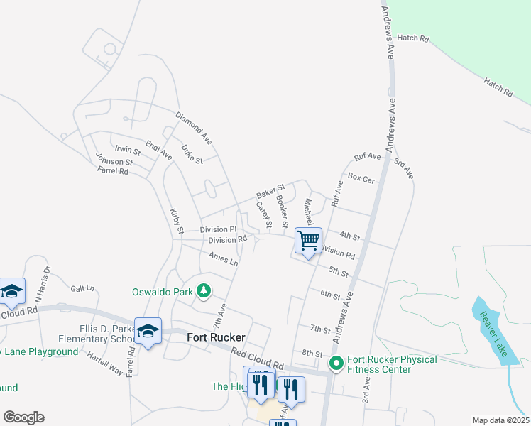 map of restaurants, bars, coffee shops, grocery stores, and more near Carey Street in Fort Novosel