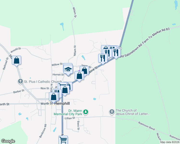 map of restaurants, bars, coffee shops, grocery stores, and more near Sabine Street in Hemphill
