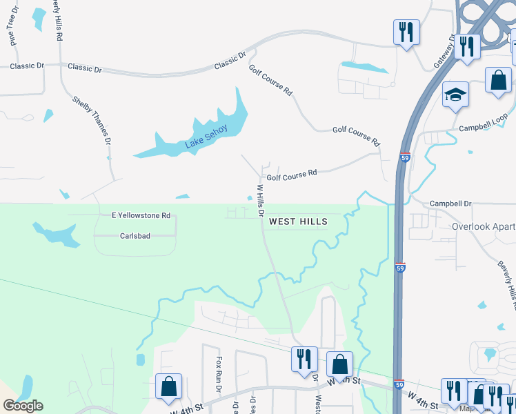 map of restaurants, bars, coffee shops, grocery stores, and more near 301-399 West Hills Drive in Hattiesburg
