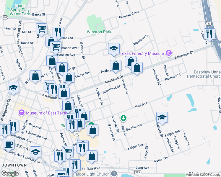 map of restaurants, bars, coffee shops, grocery stores, and more near 1398 Briarwood Drive in Lufkin