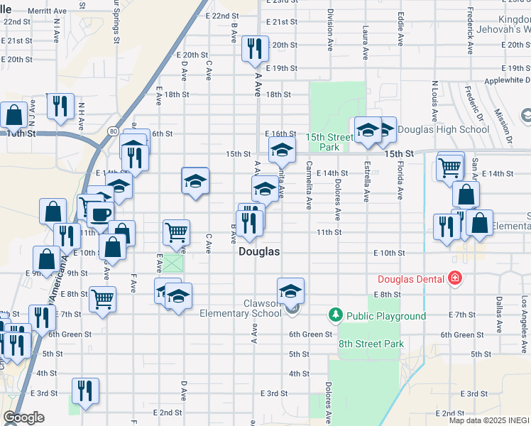 map of restaurants, bars, coffee shops, grocery stores, and more near 1132 12th Street in Douglas