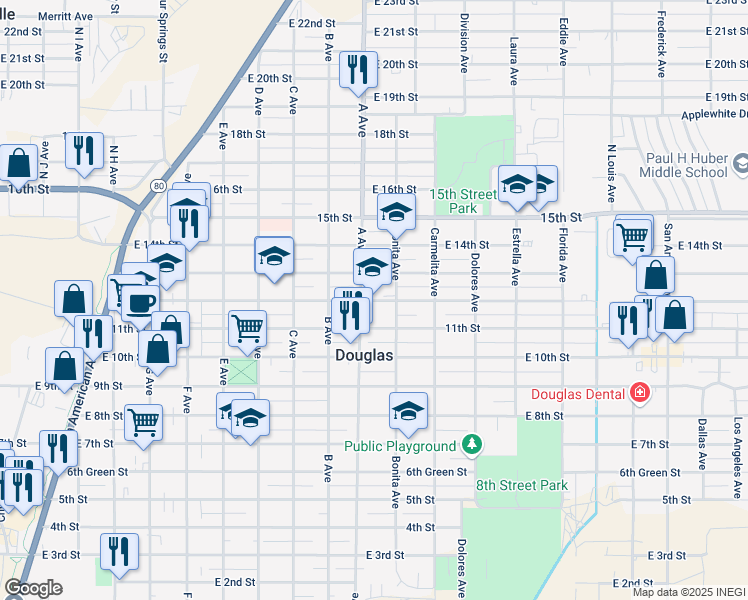 map of restaurants, bars, coffee shops, grocery stores, and more near 1132 12th Street in Douglas