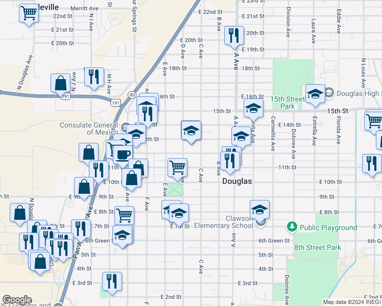 map of restaurants, bars, coffee shops, grocery stores, and more near 840 12th Street in Douglas