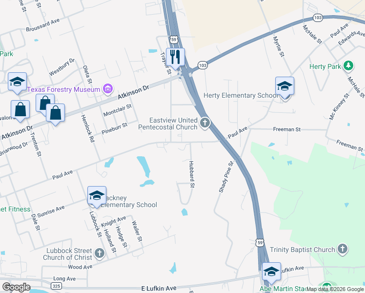 map of restaurants, bars, coffee shops, grocery stores, and more near 2305 Paul Ave in Lufkin