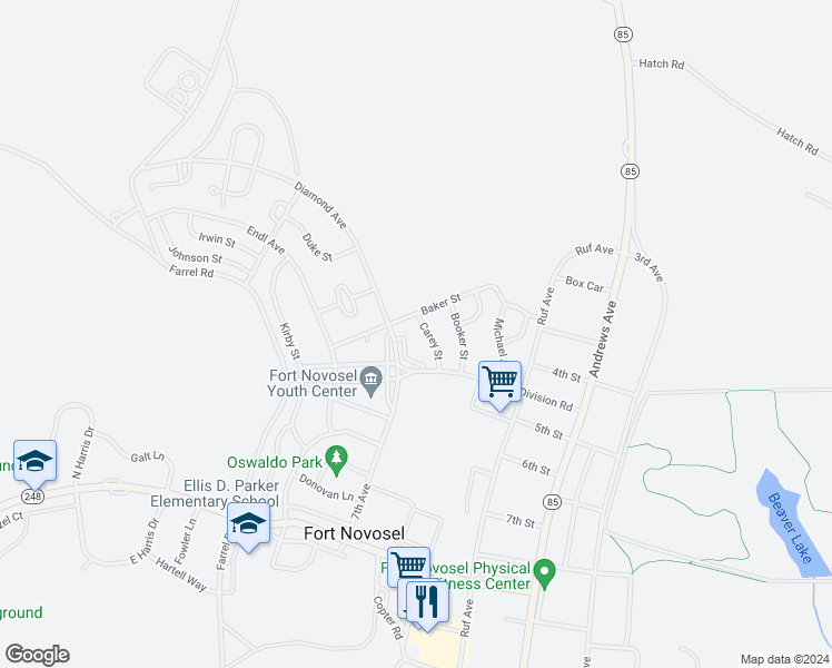 map of restaurants, bars, coffee shops, grocery stores, and more near Carey Street in Fort Rucker