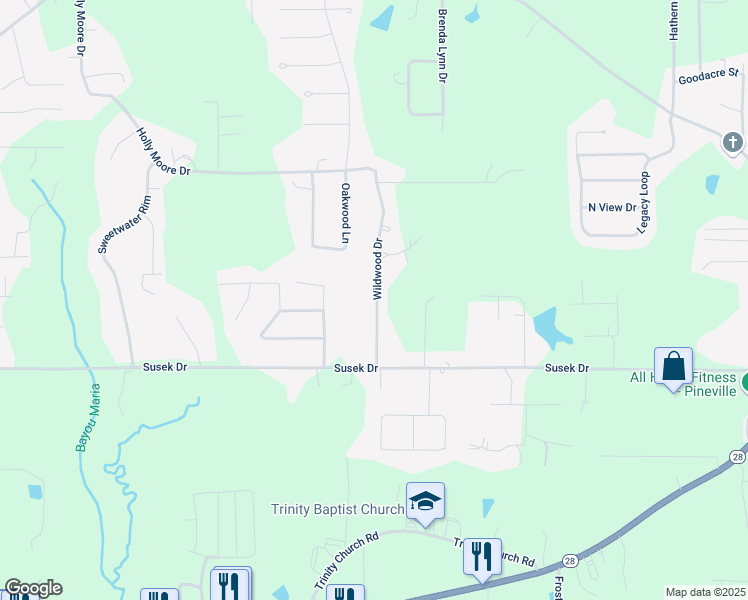 map of restaurants, bars, coffee shops, grocery stores, and more near 141 Wildwood Drive in Pineville