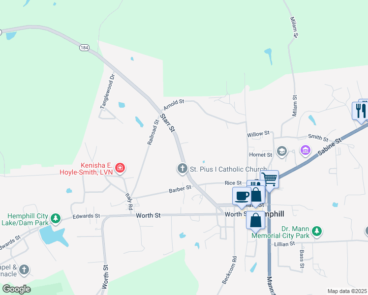 map of restaurants, bars, coffee shops, grocery stores, and more near 510 starr Street in Hemphill