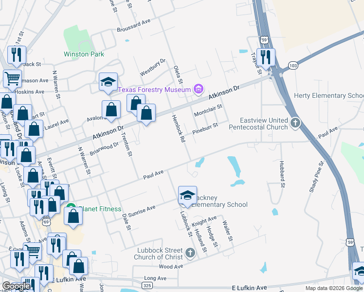 map of restaurants, bars, coffee shops, grocery stores, and more near 112 Hemlock Road in Lufkin