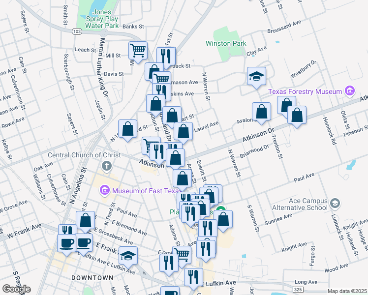map of restaurants, bars, coffee shops, grocery stores, and more near 816 North Timberland Drive in Lufkin