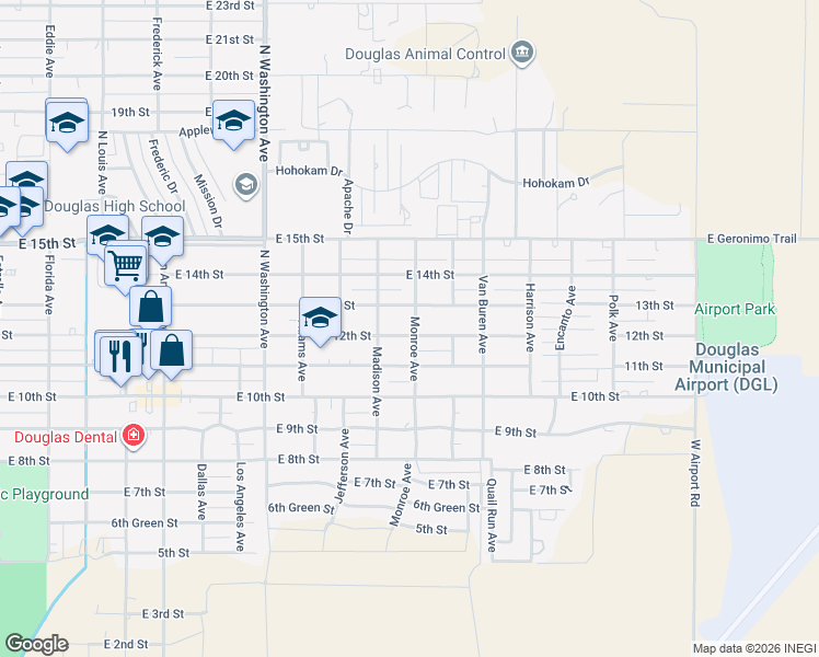 map of restaurants, bars, coffee shops, grocery stores, and more near 2456 East 12th Street in Douglas