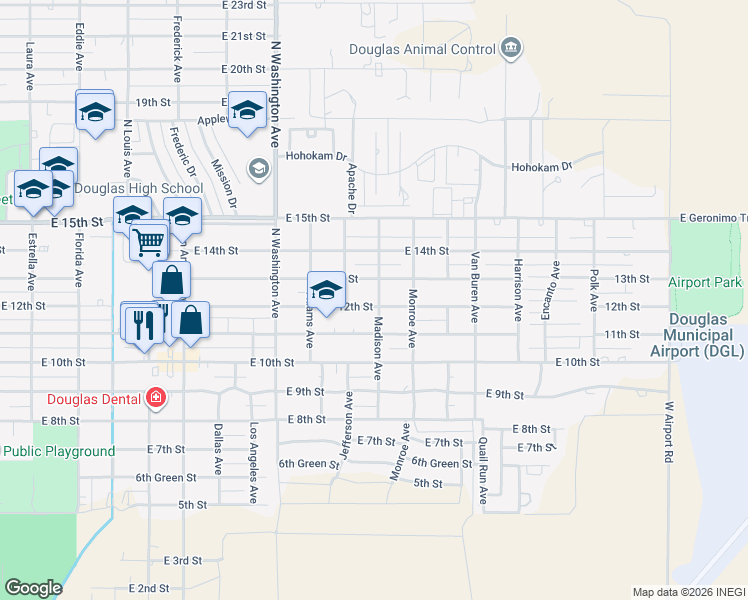 map of restaurants, bars, coffee shops, grocery stores, and more near 2350 East 12th Street in Douglas