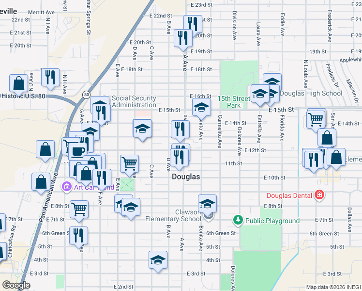 map of restaurants, bars, coffee shops, grocery stores, and more near 1227 North A Avenue in Douglas