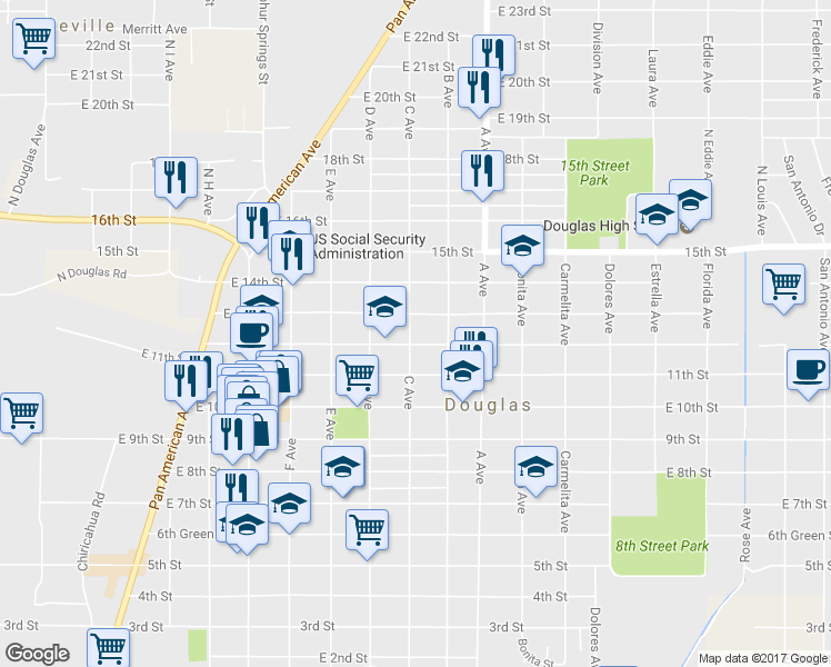 map of restaurants, bars, coffee shops, grocery stores, and more near 1215 C Ave in Douglas