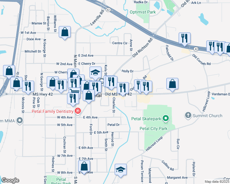 map of restaurants, bars, coffee shops, grocery stores, and more near 101 Old Corinth Road in Petal