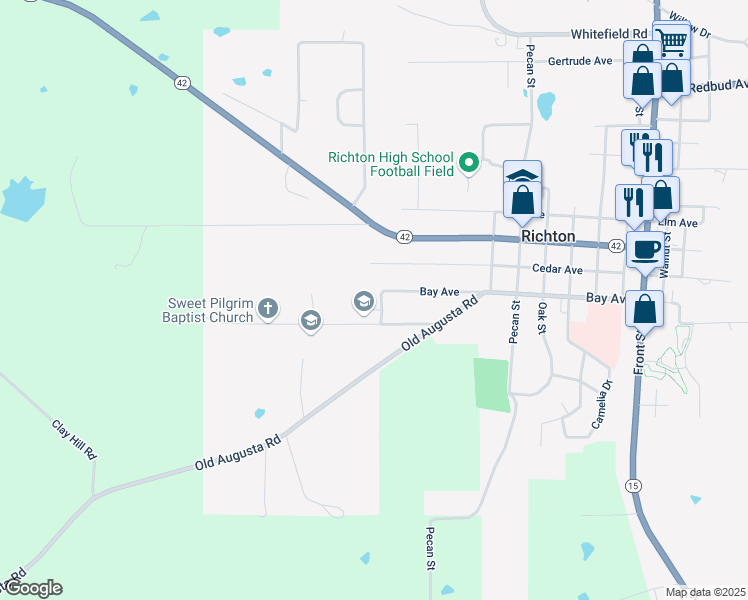 map of restaurants, bars, coffee shops, grocery stores, and more near 300-302 Mayhaw Street in Richton