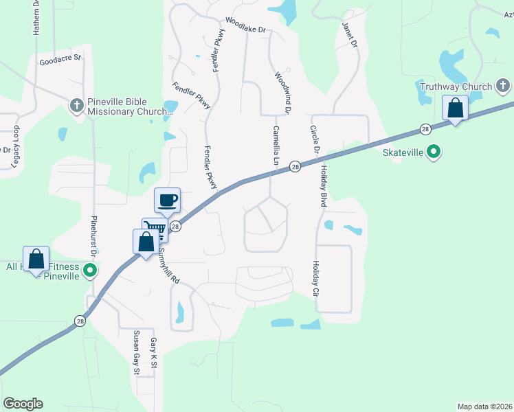 map of restaurants, bars, coffee shops, grocery stores, and more near 148 Choctaw Drive in Pineville
